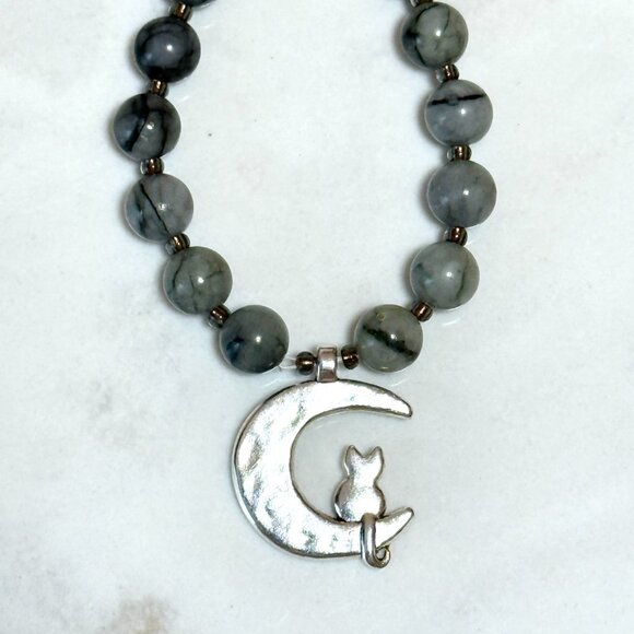 Dark Grey Marble Short Necklace, Genuine Gemstone & Silver Cat on the Moon Charm - Picture 5 of 13